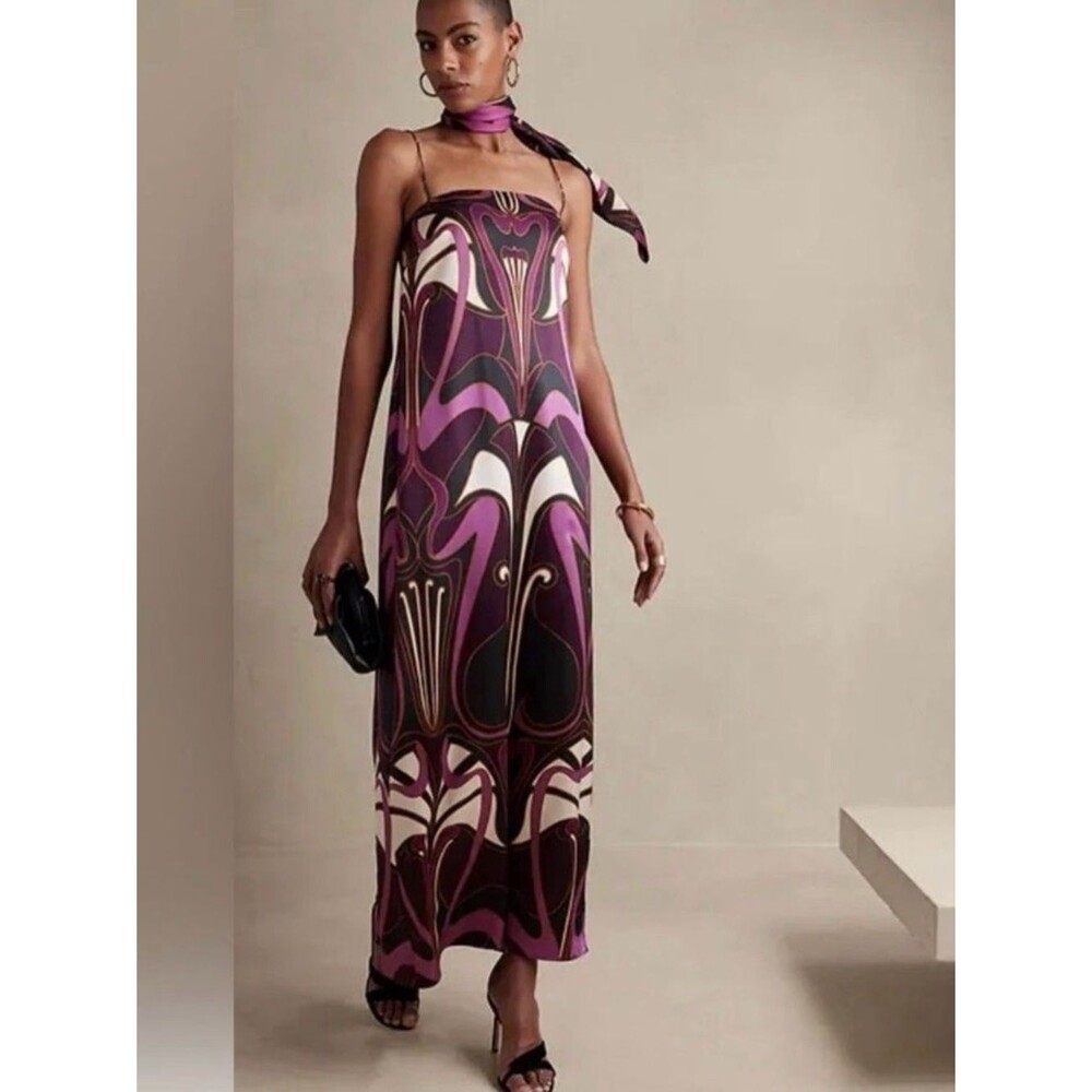 Banana Republic 100% silk Purple, Black Cream Art Nouveau strapless gown sz. 12